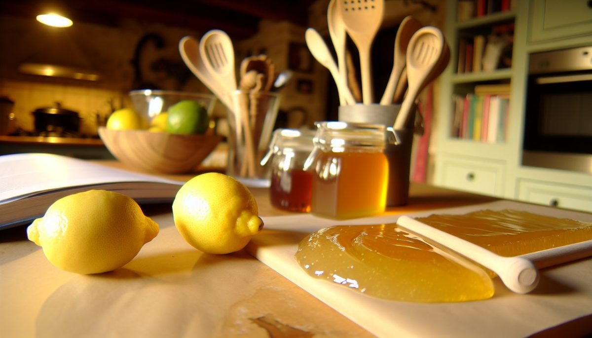 Des ingrédients naturels comme du citron, du miel et de la gélatine disposés sur une table de cuisine.