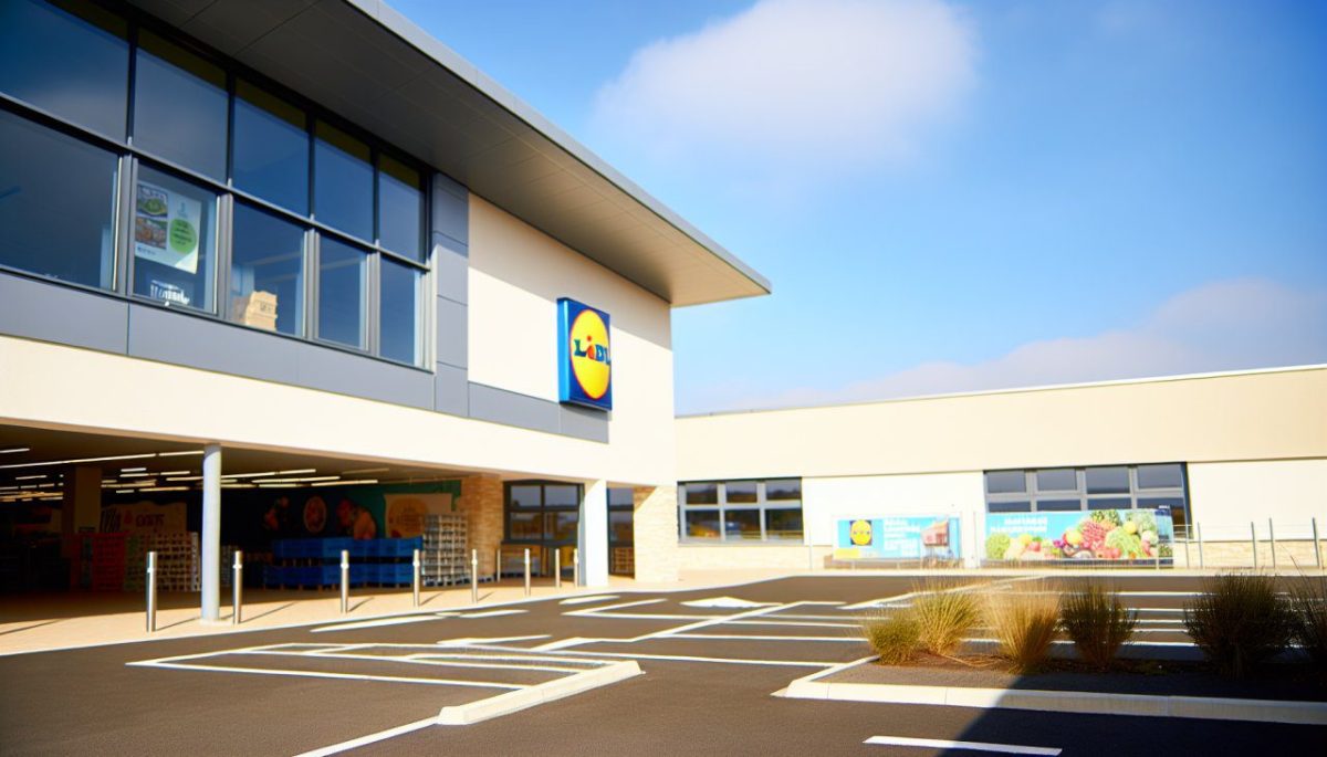 Une vue extérieure d'un magasin Lidl pendant la journée.