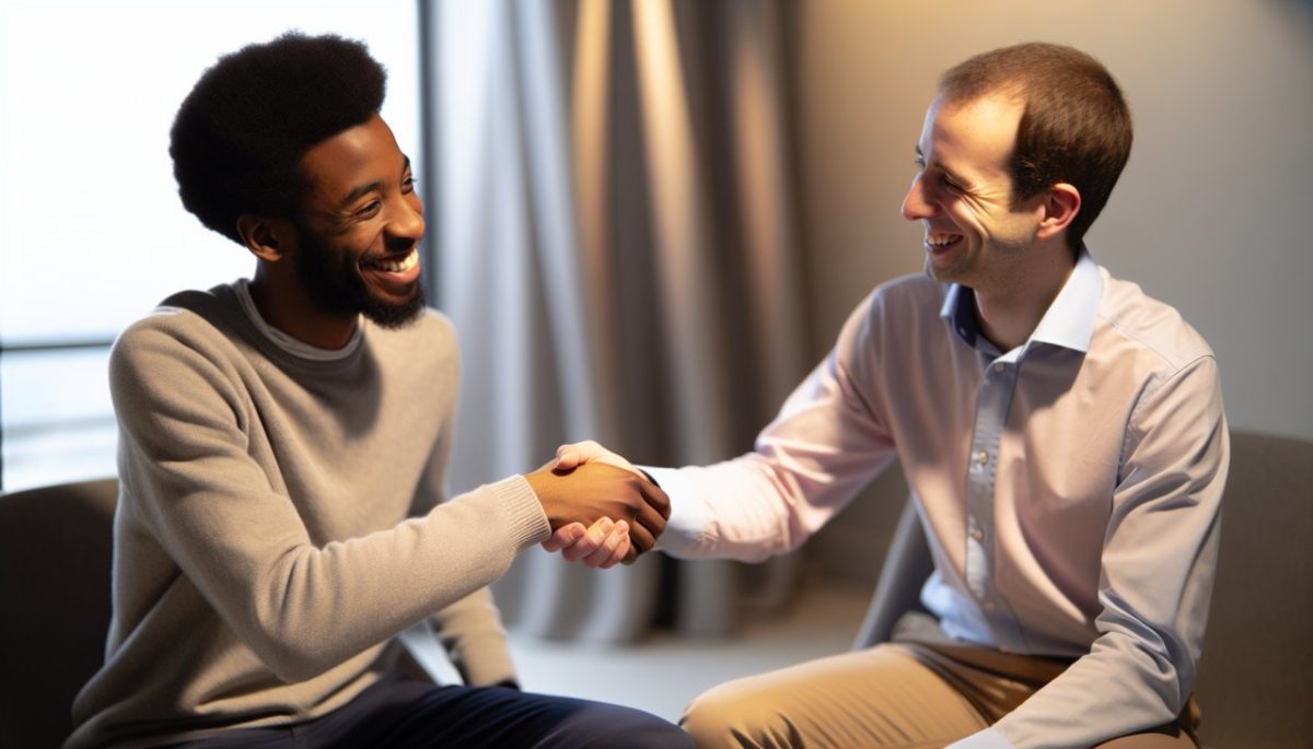 Deux personnes se souriant et se serrant la main dans un geste de reconnaissance et d'appréciation.