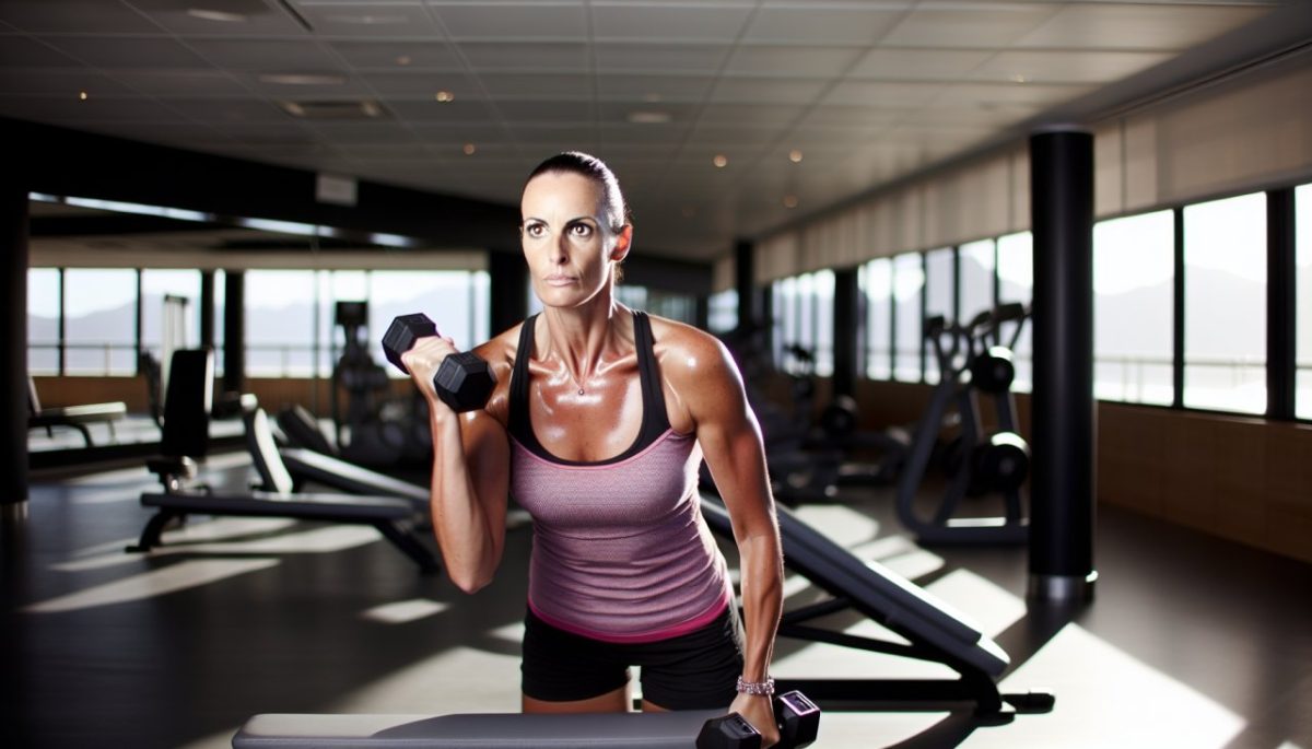 Une femme en train de faire des exercices de tonification du bras avec des haltères.