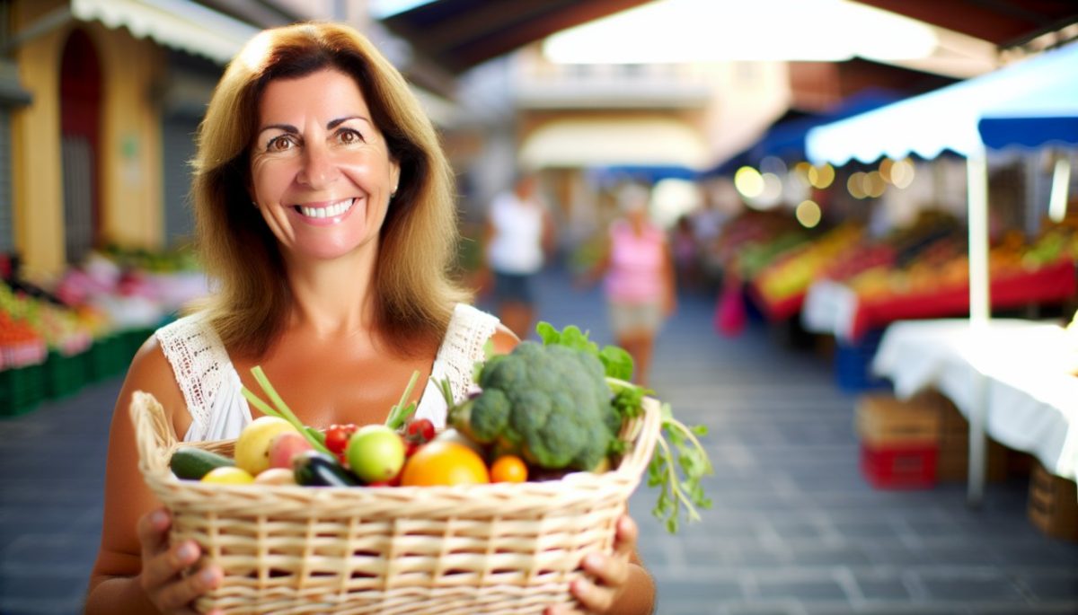 Une femme dans la quarantaine, en bonne santé, souriante, tenant un panier rempli de fruits et légumes frais typiques du régime crétois.