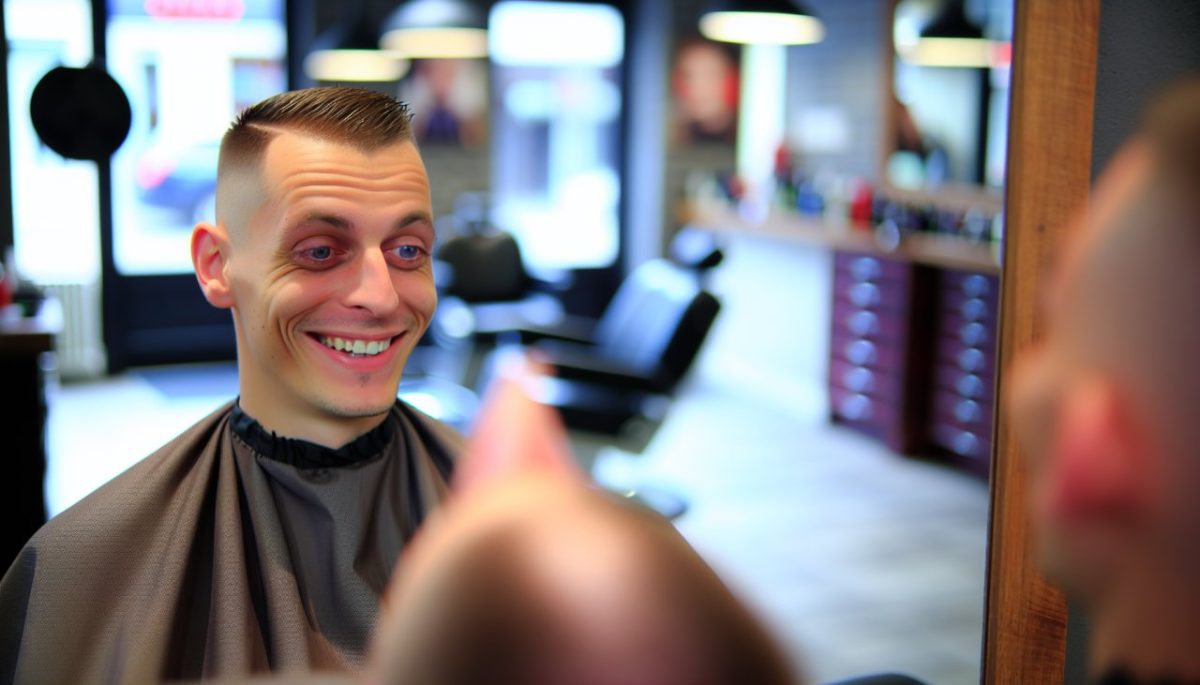 Un homme regardant son reflet satisfait dans le miroir après une coupe de cheveux.
