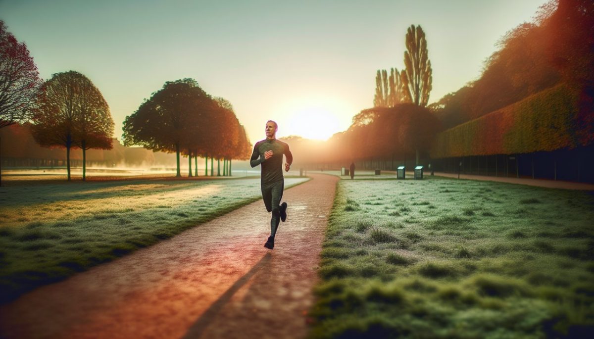 Une personne en tenue de sport en train de courir dans un parc au lever du soleil.